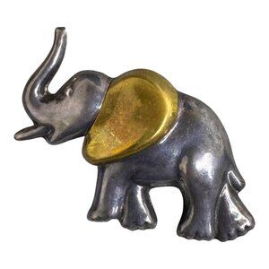 Vintage Laton Taxco Silver Gold Two Tone Elephant Brooch Pin Trunk Up pendant